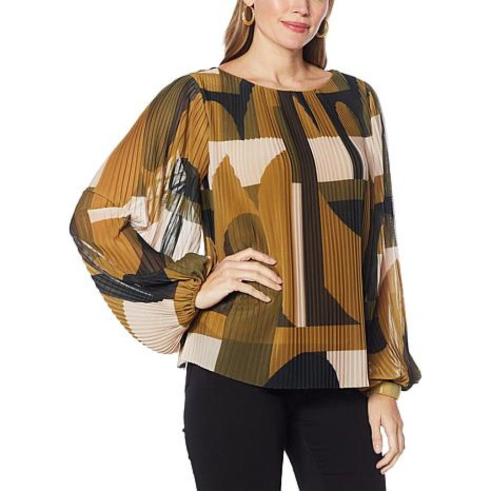 G by Giuliana Printed Pleat Mesh Top